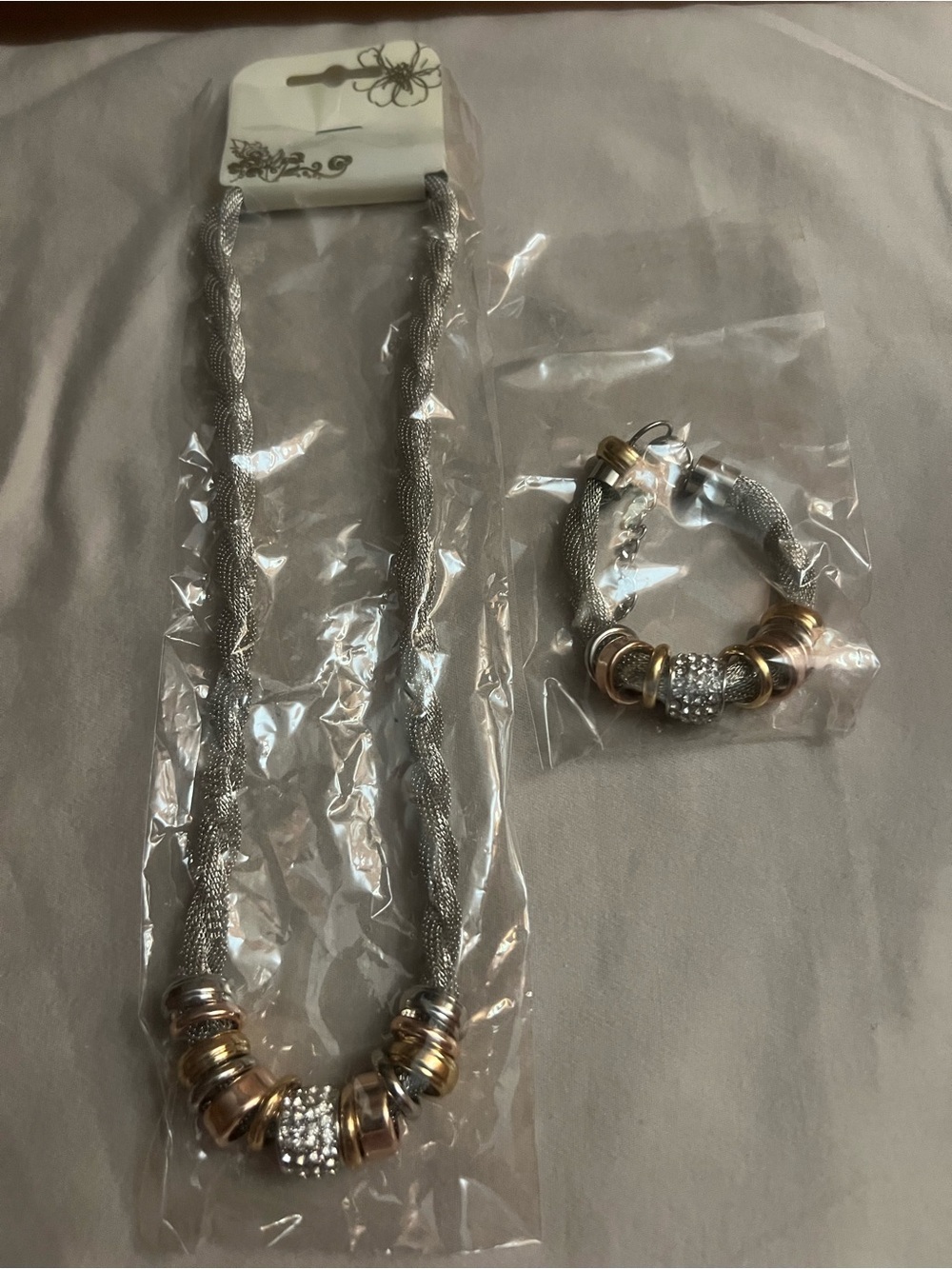 Pandora Silver Mesh Necklace and Bracelet Set with Gold Accents